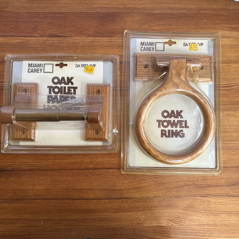 Vintage Miami Carey Oak Towel Ring Toilet Paper Holder Set NOS‎ Made Taiwan